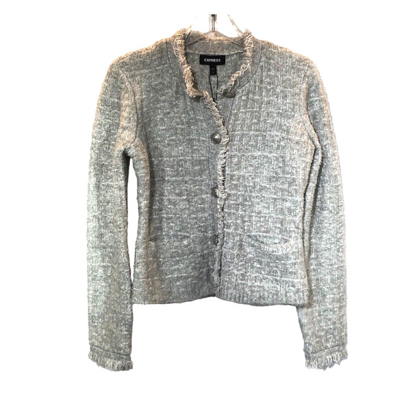 Express Womens Size XSmall Gray Stretch Tweed Knit Blazer Pockets Frayed Trim - Picture 1 of 8